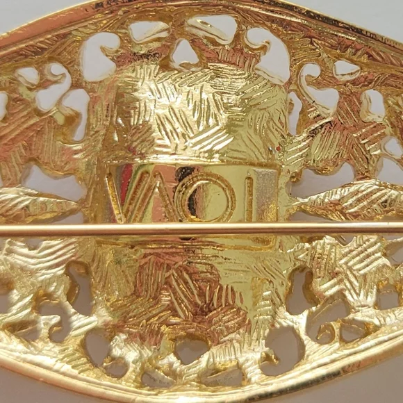 Vintage Brooch Pin Signed Tova Gold Tone Black Enamel Rhinestones Art Deco - Picture 3 of 4